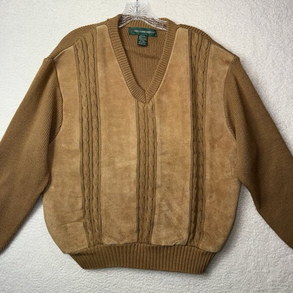 Vintage Hill & Archer V Neck Acrylic and Leather Sweater Large Brown Grandpa - Picture 2 of 7